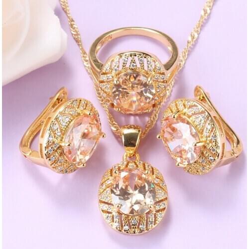 2020 New African Big Jewelry Set For Women Wedding Trendy Costume Champagne Zircon Necklace And Earrings Ring 3-Piece Sets