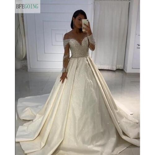Ivory Satin Beading Crystal Long Sleeves Scoop Floor-Length A-line Wedding dress Chapel Train Custom made