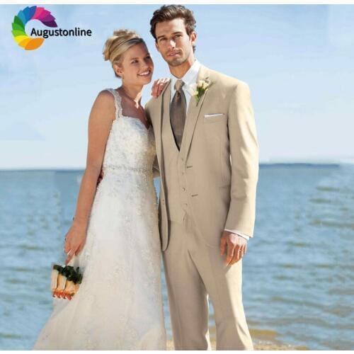 Beige Beach Wedding Suits for Men Groom Tuxedos 3Piece(Jacket+Pants+Vest)Groomsmen Suits Best Man Blazer Prom Wear Custome Homme