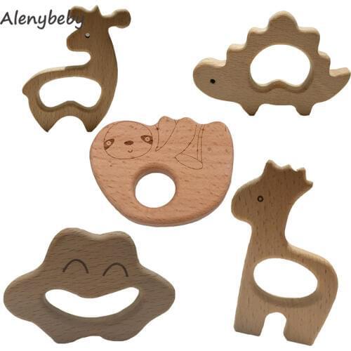 Handmade Natural Beech Wood Animal Shape Wooden Teether Baby Kids Teething Chew Toy