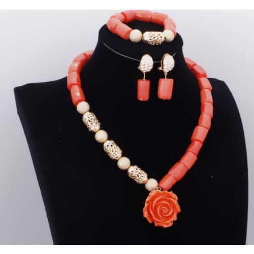 Dudo African Necklace 100% Genunine 48 cm Nigerian Bridal Coral Beads Jewelry Set With Gold Divider Include 3 Pieces Party Set