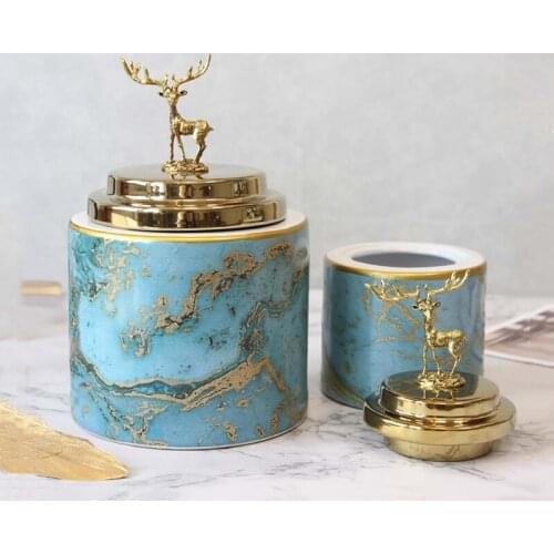 Ceramic Storage Tank Golden Deer Lid Marbling Flower Vase Handicraft Decoration Modern Home Decorative Accessories Blue Marble