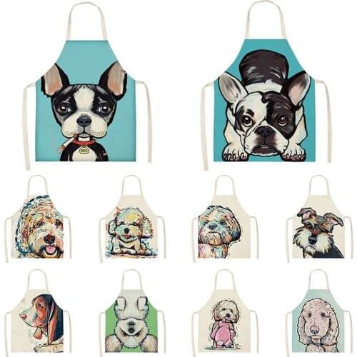 Kitchen Women Aprons Cartoon Lovely Dog Printed Linen Adult Childs Sleeveless Aprons 65x53cm Waterproof Home Cleaning Tools