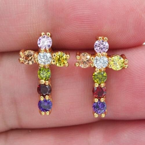 Fashion Jewelry Gold Color Rainbow Zircon CZ Stone Cross Stud Earrings for Women