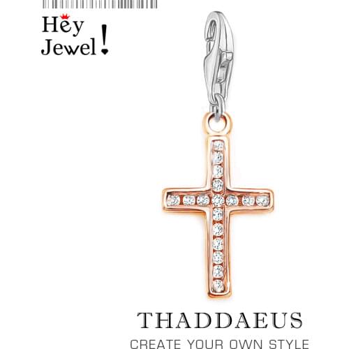 Real 925 Sterling Silver Symbol Of Faith Cross, Clear CZ Pendant Charms Gift fit Bracelet Lobster Clasp Fashion Jewelry