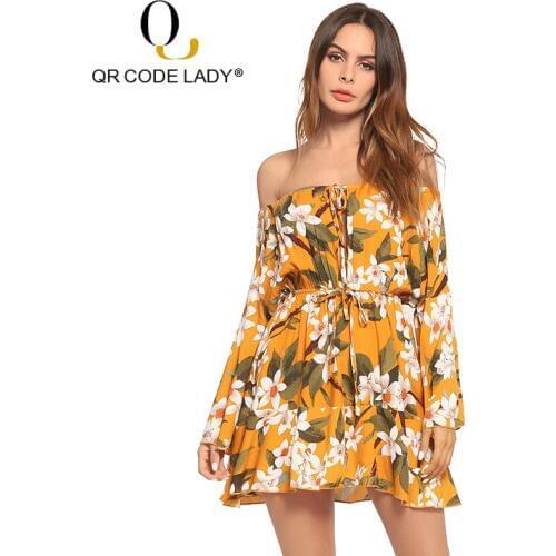 QR Bandage Flare Summer Dress Women 2019 Sexy Off Shoulder Party Dress Female Casual Slim Print Vacation Boho Beach Mini Dresses