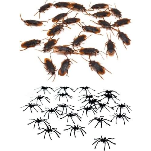 Retail 12 Pcs Halloween Simulated Plastic Cockroaches Deceptive Props Toy Trick Decor & 50Pcs Small Black Plastic Fake Spider To