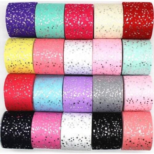 6cm Pentagram Silver star Ribbon 25 yards/package Tulle Roll Tutu Wedding Party Holiday Decoration Bow Hair Head Bow Mesh 60mm