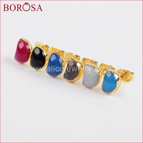BOROSA Crescent Gold Color Multi-kind Stone Faceted Stud Earrings,Druzy Natural Stone Moon Stud Earrings for Women G1297