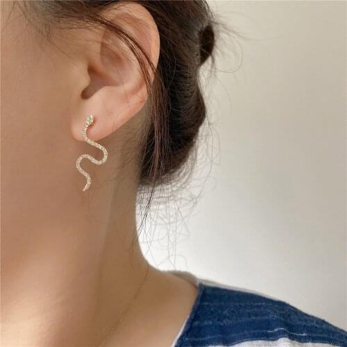 Classic Gold Color Snake With Clear Stone Stud Earrings For Women Girl Elegant Gorgeous Wild Sexy Office Modern Party Jewelry