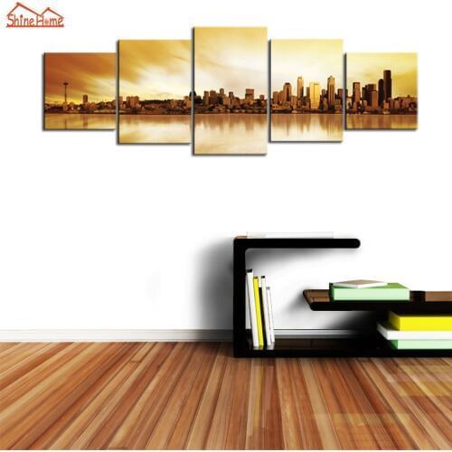 ShineHome-5 Panel Canvas Wall Art Prints Oil Painting Printing Modern Night City Modular Pictures on Canvas for House Home Decor