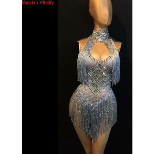 Rhinestone Silver Tassel Sexy Nude Jumpsuit Rhinestones Stretch Fabrics Bodysuit Nightclub PerformanceCelebrate Outfit Stage Wea