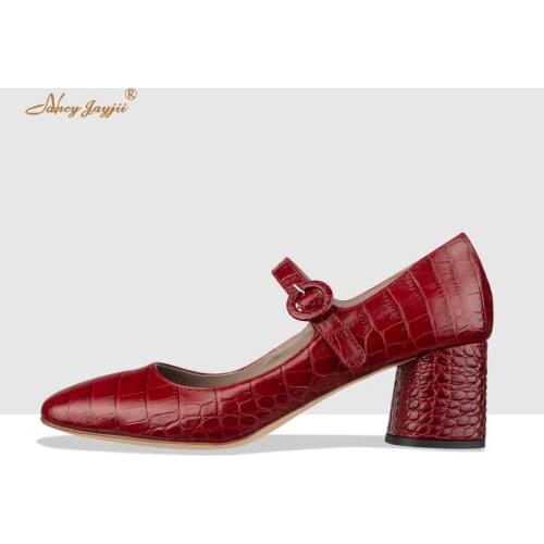 2021 Red Crocodile Texture Leather Mary Janes Pumps Square Toe 5.5cm Chunky Heels Ladies Offers Career Dress Buckle Strap Shoes