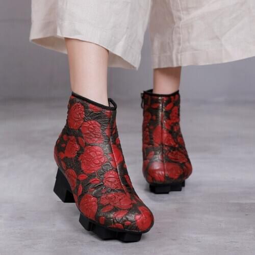 England Winter Boots Women Shoes Vintage Genuine Leather Ankle Boots Chelsea Cowhide Flower Botas Mujer Shoes Women High Heels