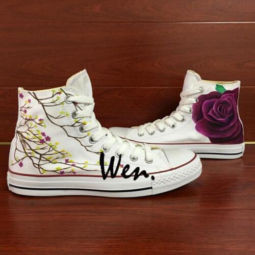 Wen Original Design Custom Hand Painted Shoes Floral Purple Rose Women Mens High Top Canvas Sneakers for Gifts