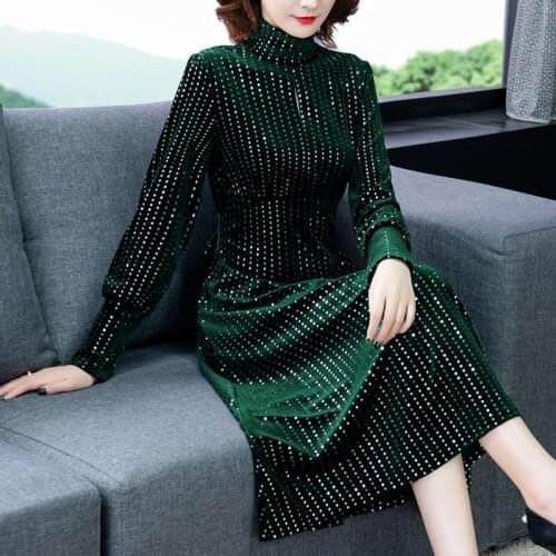 2020 Spring Autumn Womens Turtleneck Dot Glitters Green Long Velour Dress , Slim Elegant 3xl Velvet Dresses for Woman Clothes