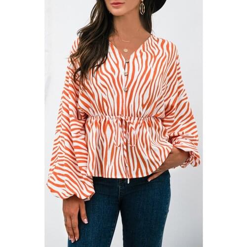 Women Stripe Long Sleee Blouse Female Autumn V-neck Self-tie Waist Button Shirt AM3183