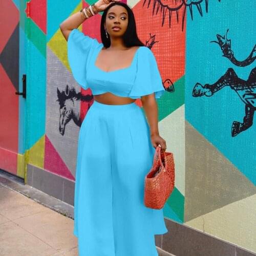 2021 Summer Womens Fashion Short Top Womens Casual Solid Color Wide-Leg Pants Plus Size Two-Piece Loose Elegant Suit