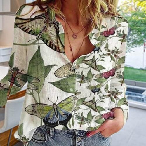 Women Lapel Button Shirt Long Sleeve Loose Casual Top Girls Fashion Personalized Butterflies Dragonflies Print All-match T-Shirt