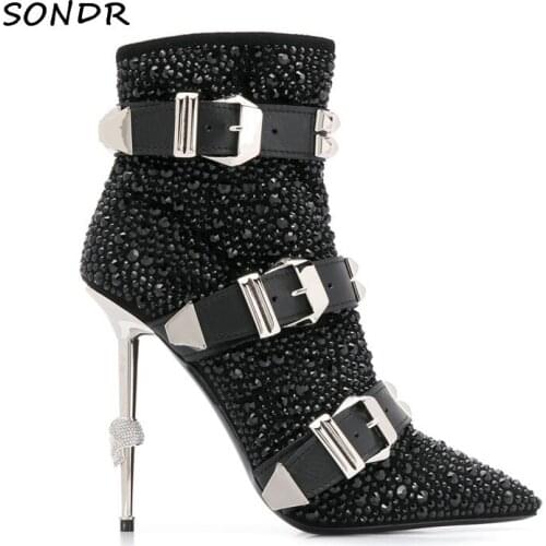 New Luxury Women Rhinestone Ankle Boots Fashion Metal High Heel Pointed Toe Shoes 2020 Rivet Buckle Belted Motorcycle Boots
