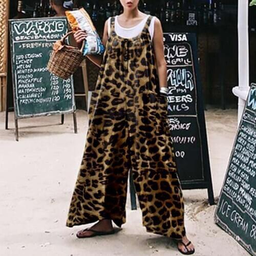 Women'Overalls Leopard Print Jumpsuits 2021 VONDA Summer Jumpsuit OL Wide Leg Pants Casual Rompers Long Trousers Plus Size