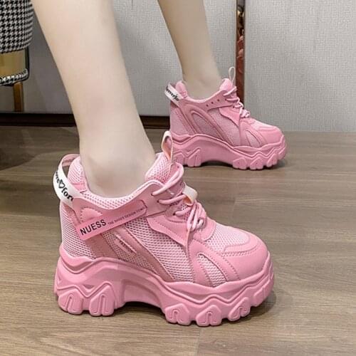 Rimocy Womens Hidden Heels Sneakers Antumn New Breathable Mesh Platform Sneakers Woman Lace-up Height Increasing Sports Shoes