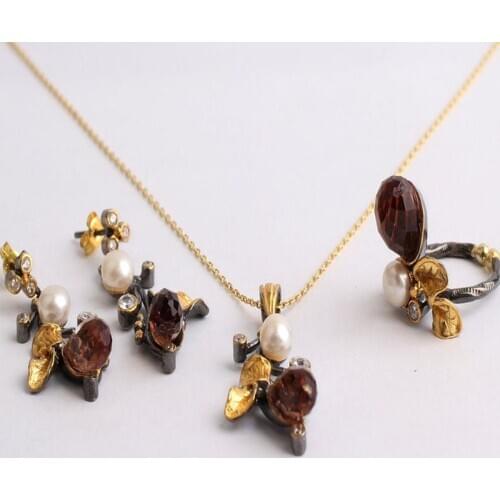 Drop Pearl Leaf Zultanite Jewelry Set Gold Plated,Woman Silver Zultanite Ring+Necklace+Earrings,Handmade Woman Silver