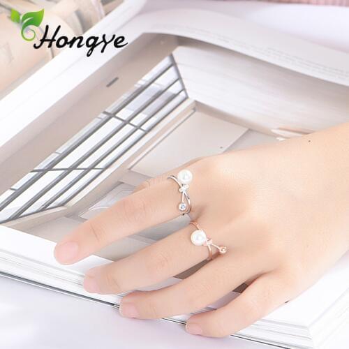 Hongye Rose Gold/Sliver Color Rings for Women Simple Design Natural Pearl 925 Silver Party Females Ring Engagement Wedding Gifts