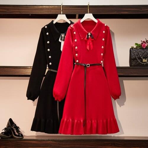 L-4XL Women Vintage Knitted Dress 2021 Winter Turn-down Collar Long Sleeve Sweaters Beading Ruffle Dress Red & Black