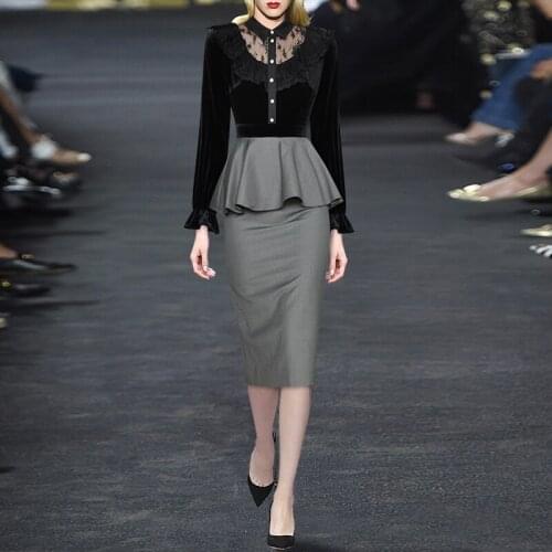 2021 Fashion Runway Autumn Dresses Women New Design Lace Velvet Patchwork Ruffles High Quality Pump Dresses