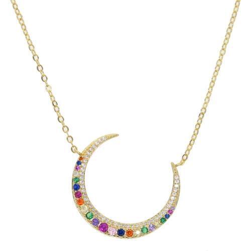 Gold filler fashion rainbow cz paved big moon charm necklace with gold color link chain for women wedding colorful cz necklace
