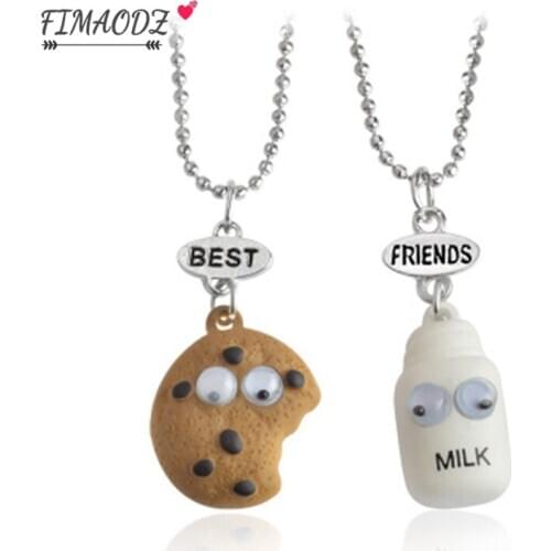 FIMAODZ 2pcs/Set Cute Cookies Milk Necklace Cartoon Funny Biscuits Coffee Best Friend Pendant For Women Kids Friendship Jewelry