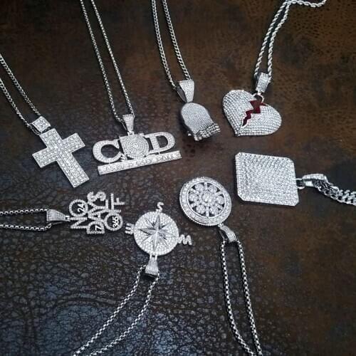 Hip hop Men Rhinestone Crystal Cross Heart Shaped Pendant Necklace Cuban Link Fashion Hip Hop Jewelry