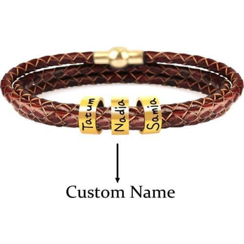 Personalized Jewelry Women Mens Stainless Steel Charm Bracelets Genuine Leather Braided Rope Custom with 1-9 Names Beads Gift