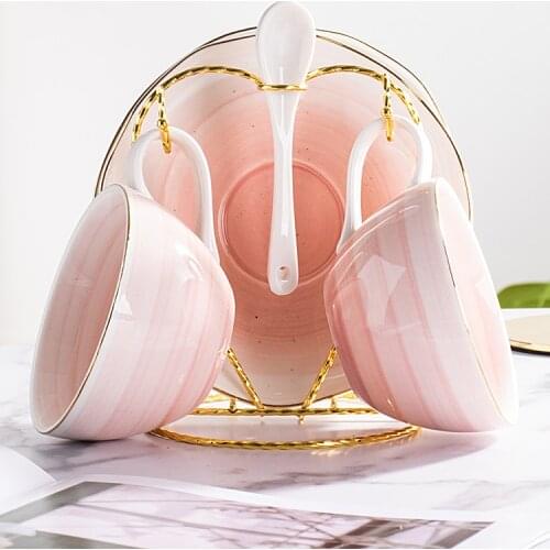 Coffee mugs cup and saucer set European style light luxury ceramic household breakfast oatmeal cup with iron shelf CN(Origin)