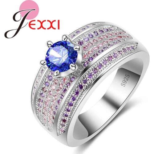 Gorgeous Halo Colorful Clear Austrian Crystal Finger Rings 925 Sterling Silver for Women Girls Engagement $ Wedding Party