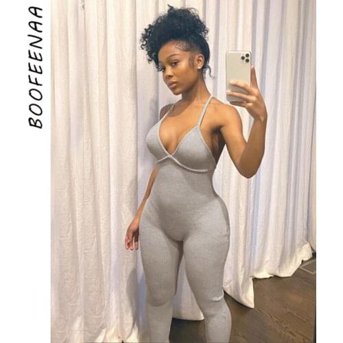 BOOFEENAA Comfy Grey Ribbed Knit One Piece Jumpsuit Women Summer 2020 Sexy Deep V Neck Backless Bodycon Romper C87-CZ20