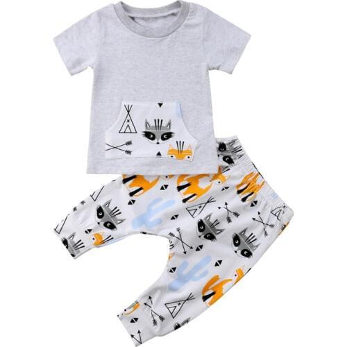 Hot Newborn Kids Clothes Set Baby Boy Girl 2pcs Clothes Summer Fox Print T-shirt Tops Long Pants Outfit Clothes Set