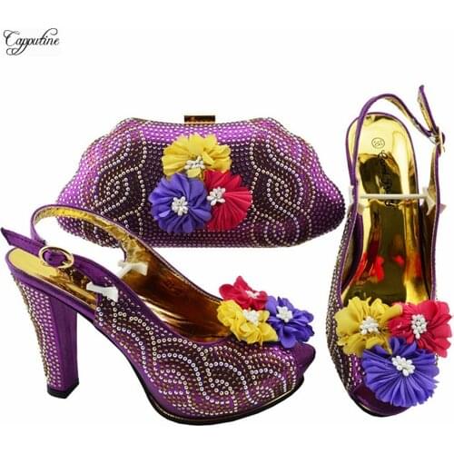 Purple Woman Shoes And Purse Bag Set With Appliques African Ladies High Heels Sandals Handbag Summer Pumps Clutch JZS-02 11CM