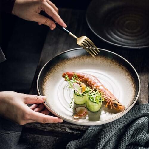 FANCITY Creative Ceramic Plate Japanese Meal Plate Household Simple Deep-Dish Dinner Plate Rice Plate Black Breakfast Plate Snac