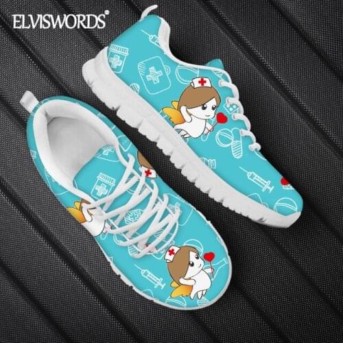 ELVISWORDS Kawaii Nursing Fairy Printed Ladies Lace-up Air Mesh Sneakers Lightweight Hiking Sports Shoes Flat-Shoes for Women