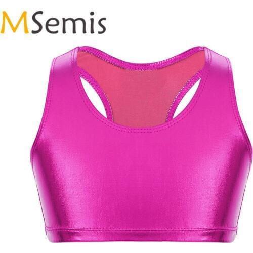 Kids Girls Swimsuit for Gymnastics Crop Top for Girls Ballet Top Shiny Metallic Racer Back Crop Top for Dance Stage Performance