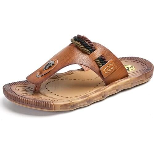 Jumpmore Mens Flip Flops Outdoor Leisure Breathable Tendon Bottom Slippers Leather Sandals Men Size 39-44