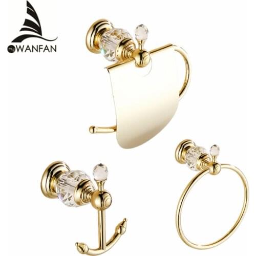 Bath Hardware Sets European Style Hook on the Wall Luxury Crystal Brass Paper Holder Gold Bathroom Hangings Towel Ring HK00
