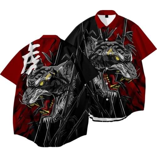 New Lapel Short Sleeve Shirt Year of the Tiger-FIERCE (red and Black Contrast) Fashion Printed Cardigan Shirt Mens Top