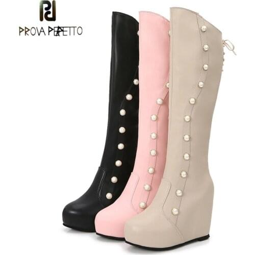 Autumn New Style Inner Heightened Wedge Heel Boots, Pearl Rivet High Tube Super High Heel Thinner Side Zipper Back Lace-up Boots