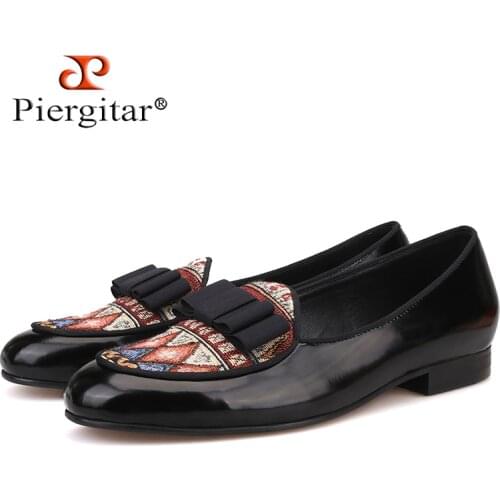 Piergitar 2018 Handmade men leather shoes fashion party and wedding men dress shoes Bow and Patchwork design mens loafers
