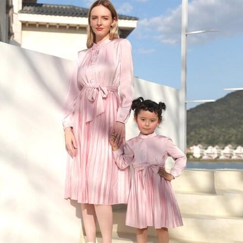 Mother Daughter Matching Woman Baby Girls Pink Silks Pink Long Dress 2021 Spring Autumn Princess Children Girl Beautiful Dress