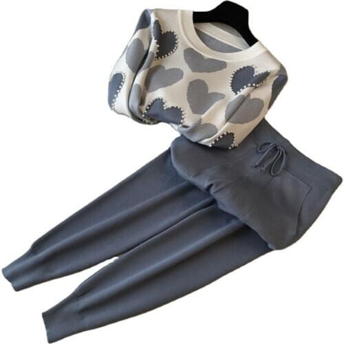 Casual Fashion Suit Female Western Style And Age-Reducing Temperament Knitted Long-Sleeved Pants Two-Piece Autumn Winter Out