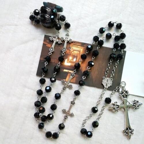 Religious Jewelry Black Crystal Rosary Long Necklace Creative Vintage Cross Pendant Durable Alloy Gifts for Teens Girls N0PA